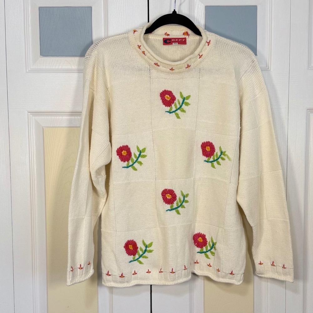 Vintage H&M Hennes & Mauritz C Dept Cream Floral Checkerboard Knit Sweater M